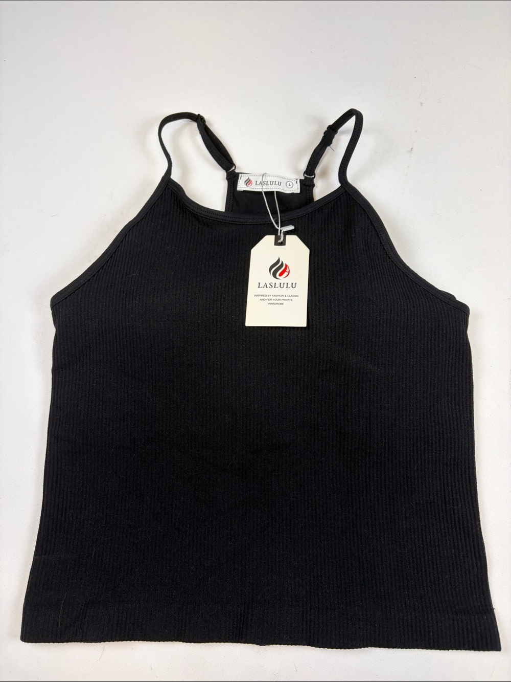 LASLULU BLACK RIBBED HIGH NECK CAMI TANK TOP PADDED ADJUSTABLE STRAPS LARGE NWT